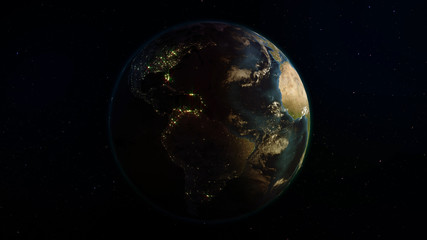3D rendering Earth from space against the background of the starry sky. Shadow and illuminated side of the planet with cities