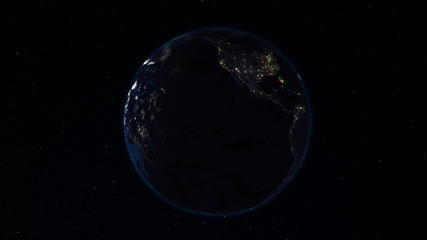 Obraz na płótnie Canvas 3D rendering Earth from space against the background of the starry sky. Shadow and illuminated side of the planet with cities
