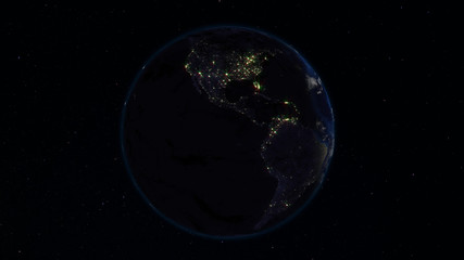 Obraz na płótnie Canvas 3D rendering Earth from space against the background of the starry sky. Shadow and illuminated side of the planet with cities