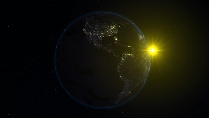 Obraz na płótnie Canvas 3D rendering Earth from space against the background of the starry sky and the Sun. Shadow and illuminated side of the planet with cities. Through the atmosphere of the planet can be seen the sunrise
