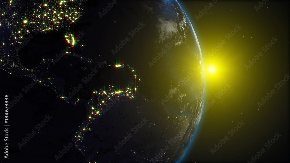 Poster 3d rendering earth from space against the background of the starry sky and the sun. shadow and illum