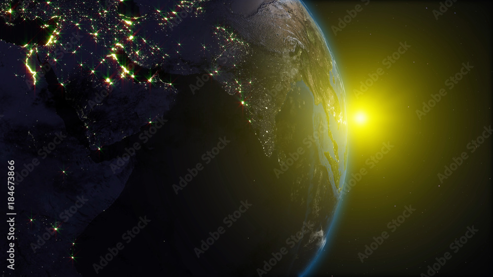 Poster 3d rendering earth from space against the background of the starry sky and the sun. shadow and illum