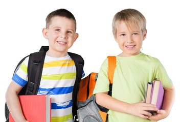 Two School Children with Backpacks and Textbooks