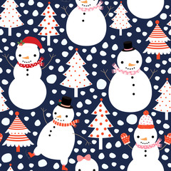 Seamless Christmas vector pattern with cute snowmen and trees for gift wrapping and holiday backgrounds