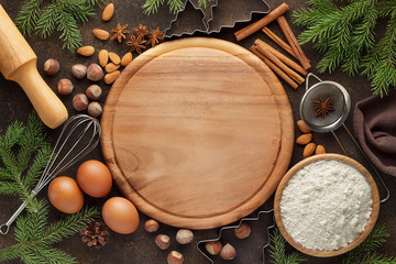 Christmas baking background with ingredients for holiday pastry.
