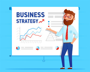 Businessman shows business plan on projector screen with the business strategy graphs and charts. Business man cartoon character with infographics vector flat design.