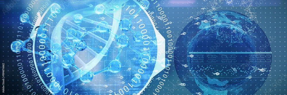 Poster composite image of digital image of dna helix with numbers