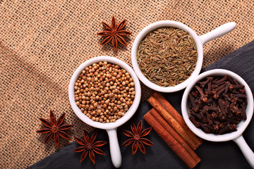 Food concept various Spices Cumin seeds, coriander seeds, cloves, cinnamon sticks and star anise on black slate stone and sackcloth background