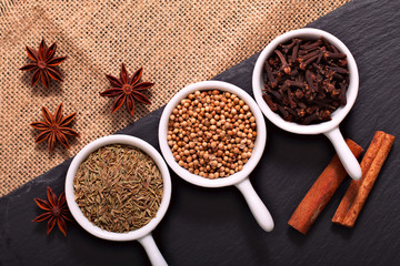 Food concept various Spices Cumin seeds, coriander seeds, cloves, cinnamon sticks and star anise on black slate stone and sackcloth background