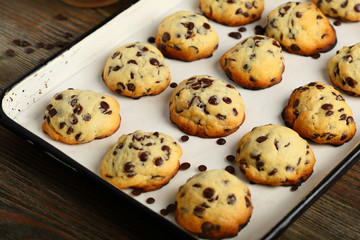 Cookies with chocolate drops on baking sheet