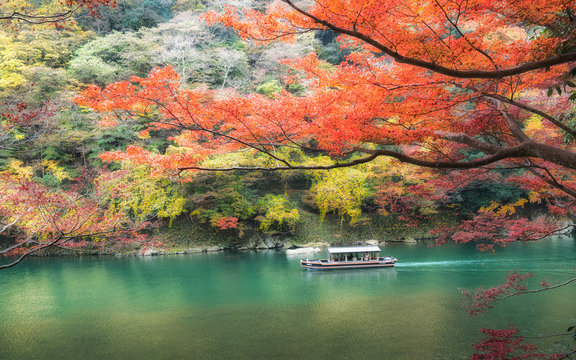 sightseeing tourists boat in Hozu river in autumn season Arashiyama Kyoto, Japan