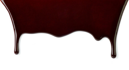 close up of chocolate syrup leaking on white background