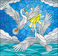 Naklejka premium Illustration in stained glass style with a pair of swans on the background of the daytime sky, water and clouds