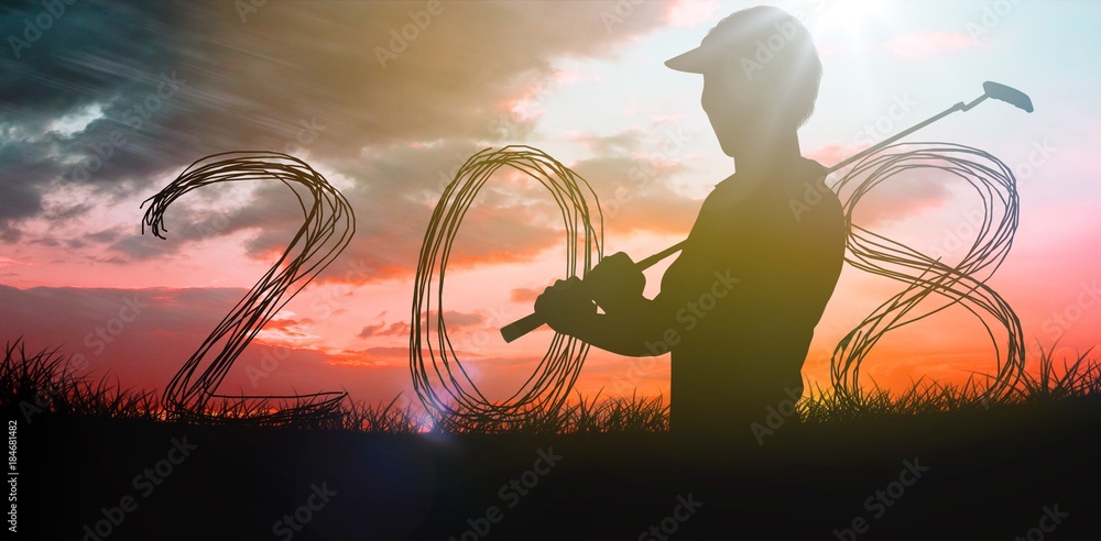Poster composite image of golfer standing and waiting with stick in