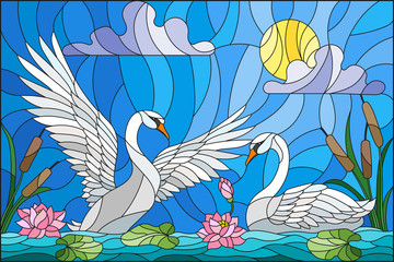 Illustration in stained glass style with pair of Swans , Lotus flowers and reeds on a pond in the sun, sky and clouds