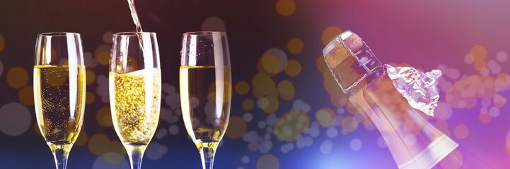 Composite image of two full glasses of champagne and one being