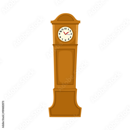 "Traditional retro style grandfather clock in tall wooden case, flat
