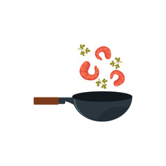 Shrimps, prawns and parsley, coriander leaves cooking in wok, Thai, Japanese, Chinese cuisine, cartoon vector illustration isolated on white background. Cooking shrimps, prawns with greens in wok pan