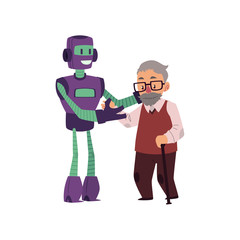 Artificial intelligence, robot helping old man with cane to walk, cartoon vector illustration isolated on white background. Robot helping, supporting, caring of old man having problems with walking