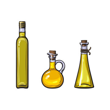 vector sketch extra virgin olive oil glass bottles and jars set for logo icon brand design. Isolated illustration on a white background Fresh natural food, agriculture and healthy eating concept