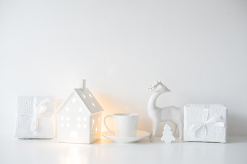 White Christmas gifts and interior decorations, presents and hol