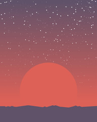 Space retro background. Planet surface like Mars and huge red giant sun rising above the horizon. Gradient planet sky. Mountains and rocks on planet horizon. A lot of bright stars on the sky.
