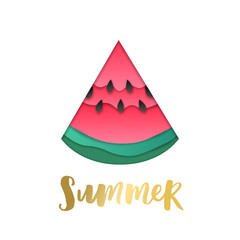 Modern watermelon illustration. Vector seasonal poster with trendy papercut effect. Pink and green paper with inscription Summer on white background.