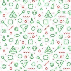 Vector Seamless texture. Slices and various ingredients. Memphis style.