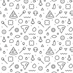 Vector Seamless texture. Slices and various ingredients. Memphis style.