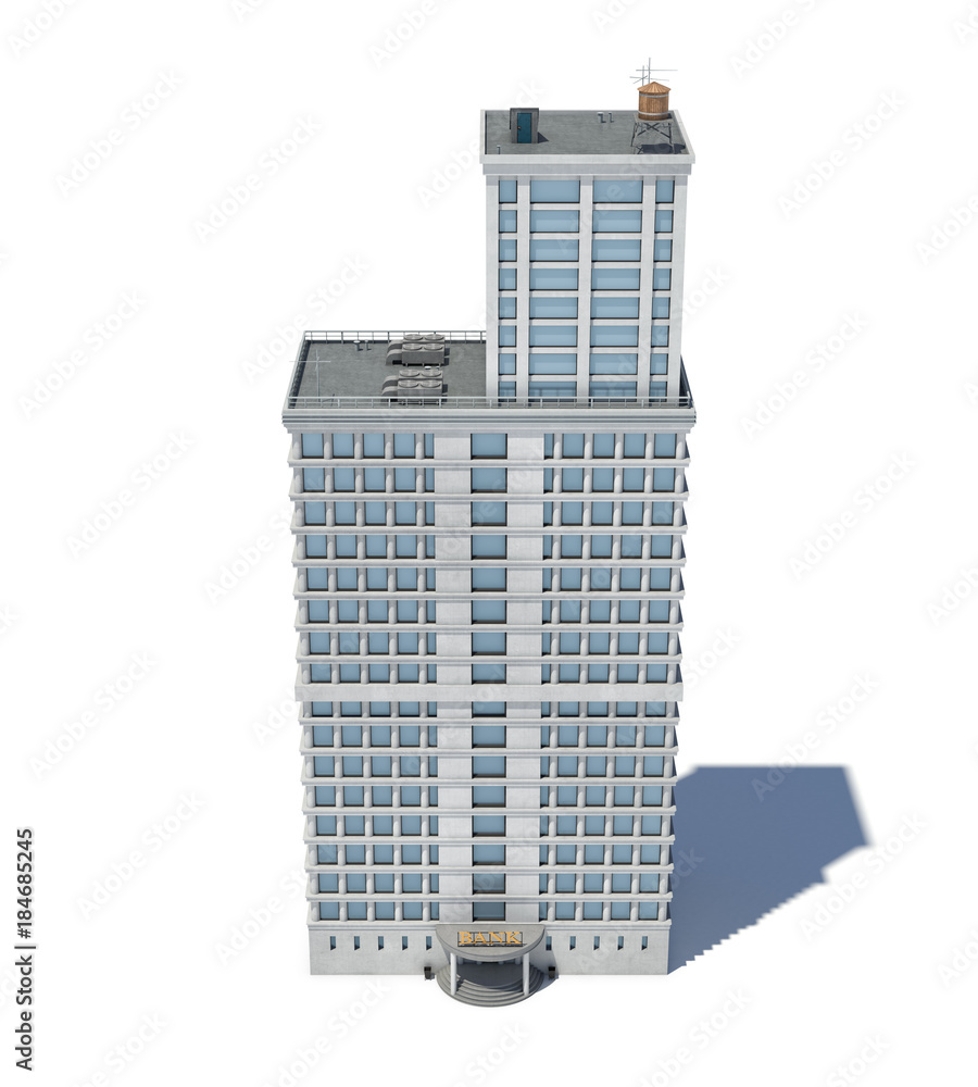 Poster 3d rendering of a white high office building with many large windows.