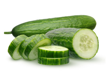 Smooth cucumber, cut into pieces, on a white background.