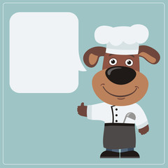Chef dog with speech bubble in cartoon style. Smiling dog the chef says and shows like.