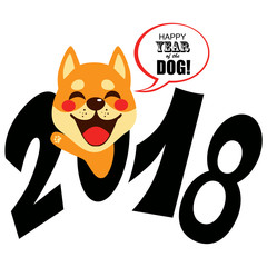 Happy cute shiba inu dog with 2018 text celebrating zodiac chinese new year
