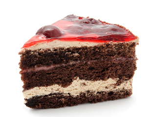 Delicious chocolate cake pastry with fruit cherry isolated