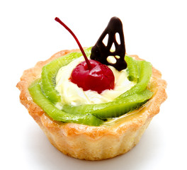 Delicious cake pastry with fruit cherry kiwi isolated on a white