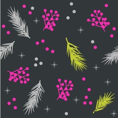 ABSTRACT CHRITSMAS SEAMLESS PATTERN VECTOR.
FIR BRANCH AND BERRIES ON BLACK BACKGROUND. WRAPPING PAPER DESIGN