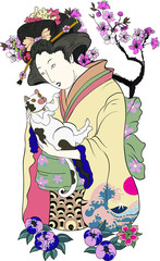 Hand drawn geisha women hug kitten.Japanese women in kimono with her cat.Traditional Japanese tattoo style.colorful art and doodle vector.cherry blossom and cloud background.