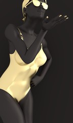 Girl who sends an air kiss. Beautiful sexy fitness woman wearing swimsuit and sunglasses. Front view. 3d rendering