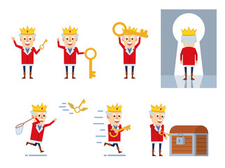 Set of funny king characters posing with key. Old king holding big golden key, running, opening treasure chest and showing other actions. Flat style vector illustration