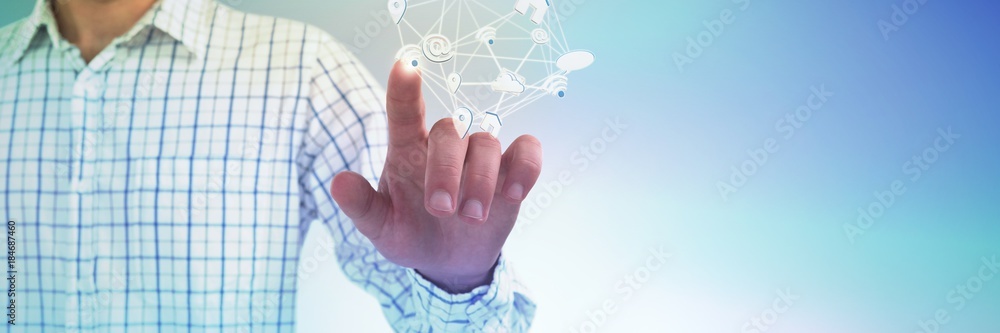 Poster composite image of man pretending to touch an invisible screen