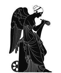 Ancient Greek goddess Nemesis with wings sits, holds a papyrus and stylus and writes. Vector vintage drawing. Black pattern isolated on white background.