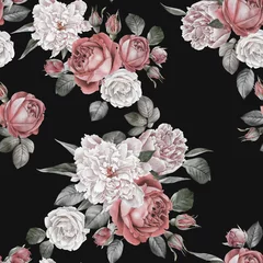 Wall murals Roses Floral seamless pattern with watercolor red roses and peonies