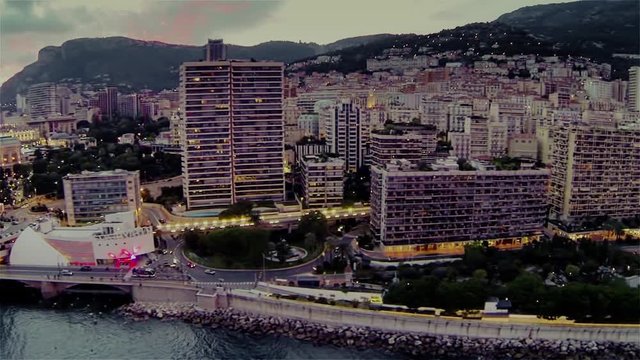 Monaco city town Monte Carlo Drone flight port yahts sea flats evening
