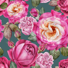 Floral seamless pattern with watercolor roses and peonies - 184687829