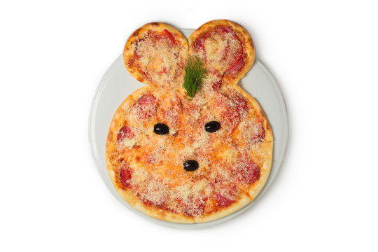 Baby pizza in the shape of a bunny on a white background