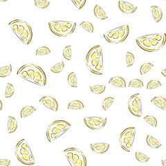 Vector seamless pattern with fresh citrus fruit slices on white backgroud. Lifght backdrop.