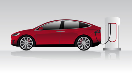 Naklejka premium Modern electric car charging at the charger station. Vector illustration EPS 10