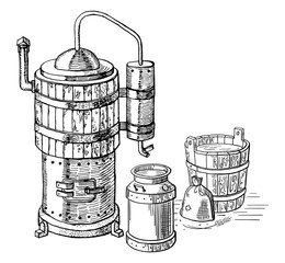 alcohol distillation process. Vector illustration - obrazy, fototapety, plakaty