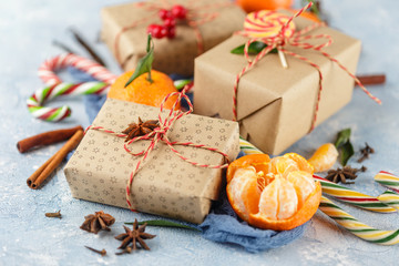 Christmas gift box, candy cane, tangerines