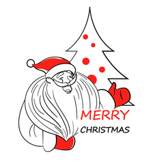 Santa Claus and Christmas tree. A funny cartoon character. Vector linear illustration.